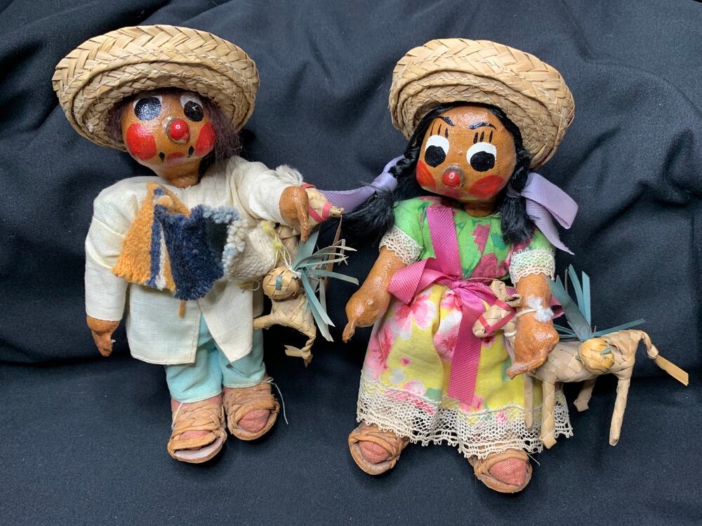Vintage Mexican Folk Art Oilcloth Dolls Pair Straw Hats Animals 1960s 1970s